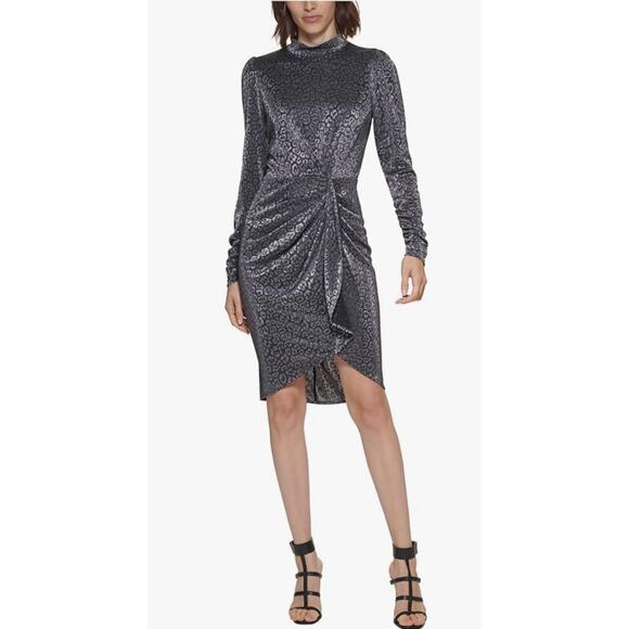 Calvin Klein Long Sleeve Faux Wrap Dress 10 Leopard Shimmer Gray Silver Ruched - Picture 1 of 7